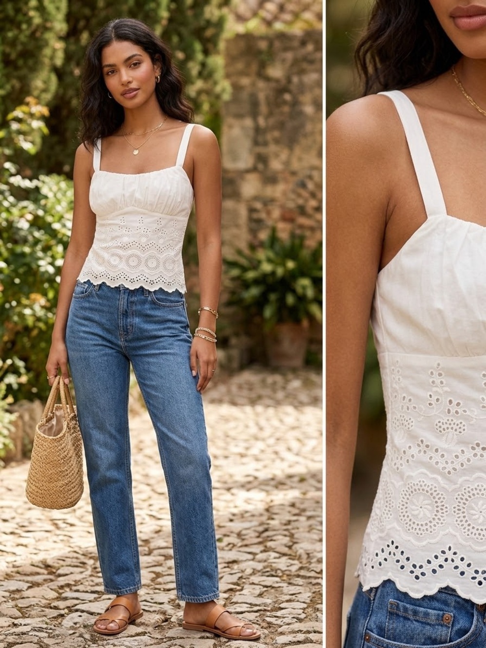 Women's White Eyelet Scalloped Crop Top - Sleeveless